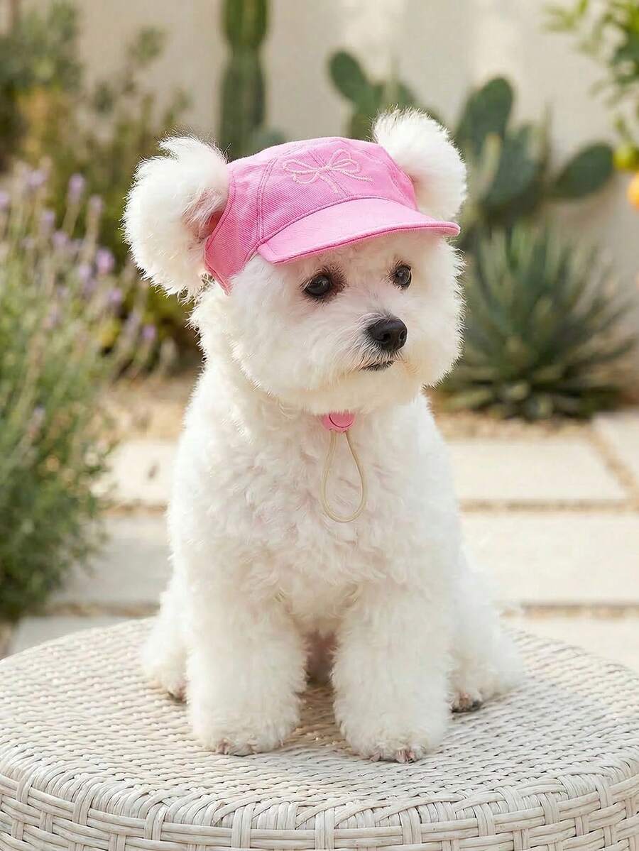 1pc Pet Hat, Small Dog Puppy Teddy Pomeranian Accessories, Spring/Summer Sun Protection Hat With Bow Tie - Rose Red - Hot Pink - View 1