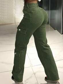 Quần jeans nữ dáng casual, màu trơn, có túi, khóa kéo và cúc, thích hợp mặc hàng ngày đi làm, phù hợp mọi mùa. - xanh quân đội - Xem 7