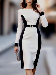 Black & White Splice Long Sleeve Belted Midi Pencil Dress, Slimming & Elegant - Black and White - View 6