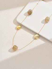 1pc Minimalist Vacation Style Square Turquoise & Golden Bead Interval Beaded Long Necklace, Suitable For Women Summer Beach Holiday & Date - Multicolor - View 13