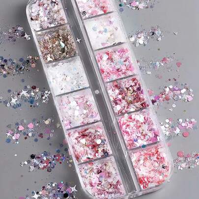 Bộ 12 khuôn trang trí móng tay, chất liệu nhựa và kim tuyến, phong cách nữ tính màu hồng, hình trái tim dễ thương, hình ngôi sao năm cánh, hình chữ nhật, tự làm đồ trang trí móng tay, đồ thủ công, dụng cụ làm móng.