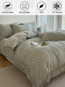 2/3pcs Bohemian Style Green Wavy Striped Cutout Tufted Duvet Cover Set With Tassels, Vintage Rustic Floral Polyester Bedding Set, Soft & Breathable, Machine Washable, Suitable For Bedroom, Guest Room, Dorm, Queen, King (1 Duvet Cover + 1/2 Pillowcase, No Filler) - Green - View 3