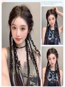 彩虹色长款编织马尾假发，采用合成纤维制成，已预先扎好马尾；适合日常佩戴、节假日、圣诞节和派对等场合。 - 彩色 - 查看 6