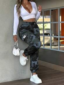Women's Outdoor Camouflage Work Pants: Lightweight, Breathable Summer Sports & Casual Pants With Adjustable Waistband - 迷彩灰 - 查看 1