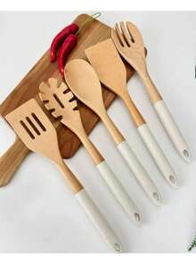 1/5pcs High-End Quality Wooden Cooking Tools, Non-Stick Wooden Spoons And Spatulas, Wooden Ladles, Strainers And Cooking Spoons, Spatulas, Suitable For Serving Soup, Steak, Honey, Tea, Milk, Desserts, Cereal, Kitchen, Restaurant And Other High-Temperature Cooking, Non-Stick Pans, Heat-Resistant, Easy To Clean, Durable, Essential Kitchen Items. - Multicolor - View 4