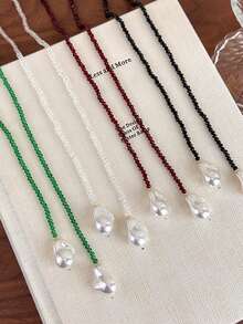 1件法式优雅复古小众设计不对称珍珠水晶项链，百搭长款锁骨链，适合日常、派对、旅行等各种场合。 - a - 查看 6