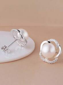 1 Pair Gorgeous Cubic Zirconia & Faux Pearl Stud Earrings For Women For Party Engagement Anniversary Jewelry Valentine's Day Gift - 1# - View 3