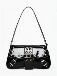 1pc Women's Retro Maillard Moto Punk Rivet Decor Adjustable Shoulder Strap Large Capacity Soft Faux Oiled Leather Gradient Color Shoulder Underarm Bag, Suitable For Work, Commute, Date, Party - Black - View 3