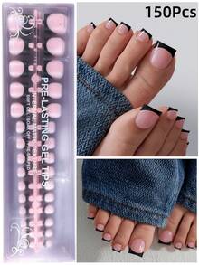 150pcs Short Square Press-On Toenails, Pink French Soft Gel Nail Tips, Suitable For DIY Fake Nails, Minimalist & Versatile, 15 Sizes, For Women Nail Supplies - 黑色 2 - 查看 2