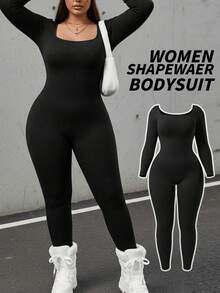 1 Piece Of Seamless Tight Fitting High Stretch Plastic Jumpsuit For Women, Sports Training Long Sleeved Fitness Suit, Suitable For Daily Yoga Use - màu đen - Xem 1
