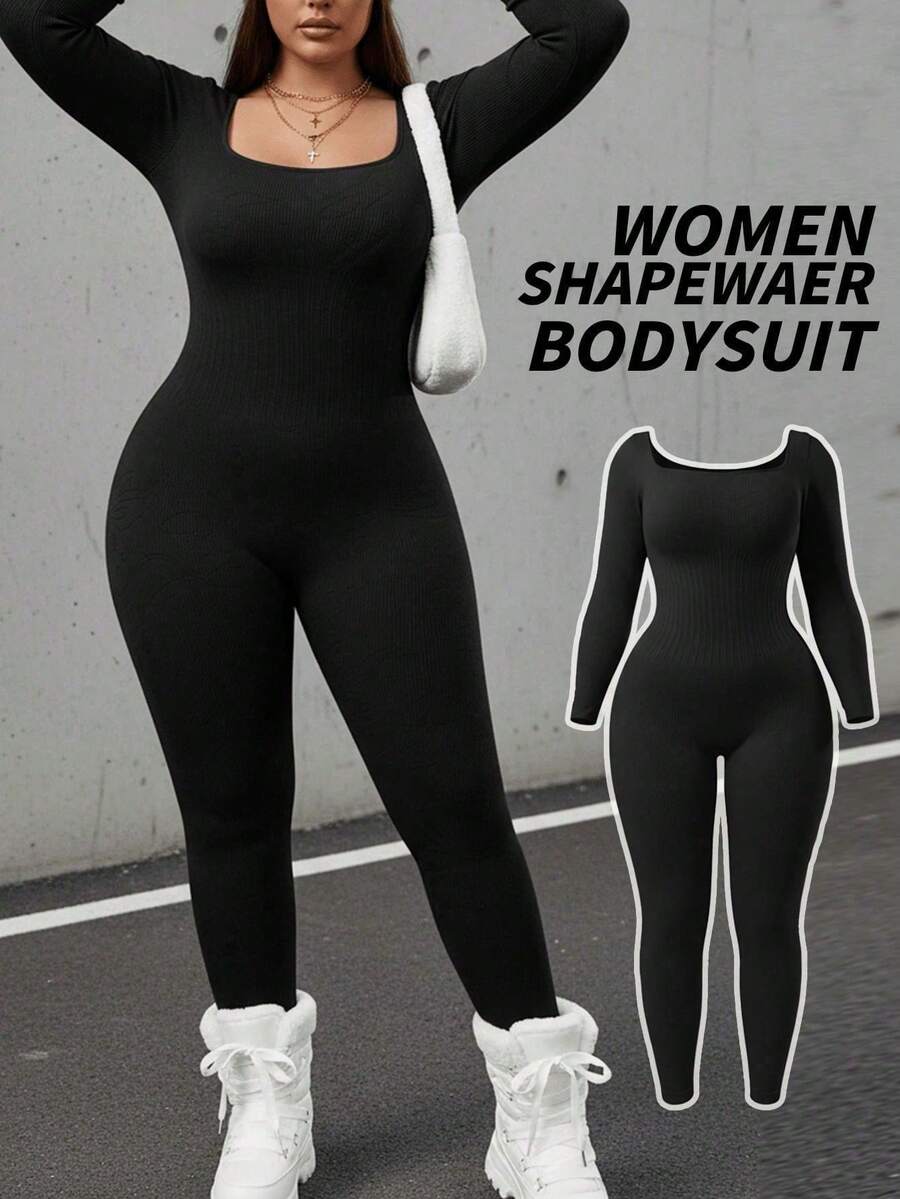 1 Piece Of Seamless Tight Fitting High Stretch Plastic Jumpsuit For Women, Sports Training Long Sleeved Fitness Suit, Suitable For Daily Yoga Use - màu đen - Xem 1