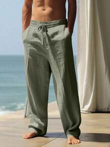 Men's Breathable Linen Loose Casual Sports Pants, Suitable Beach, Spring/Summer - 軍綠色 - 查看 2