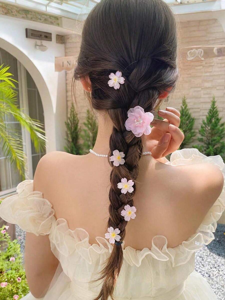 6个女士时尚粉色花朵发夹，甜美迷你发卡，优雅公主樱花爪夹，芭蕾舞者Y2K仙女发饰，可爱粉色发饰，适合日常佩戴，情人节礼物，发爪，发夹，发卡 - 粉色 - 查看 1