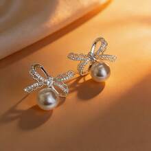 1 Đôi bông tai bạc S925 thiết kế nơ ren đính đá Cubic Zirconia, món quà trang sức thanh lịch dành cho phái nữ. - Bạc - Xem 9