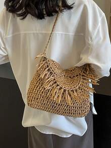 Fashionable Flap Crossbody Bag, Envelope Shoulder Straw Woven Square Bag, Casual Woven Tote Bag, Versatile Bag With Tassel, Hollow Out Beach Bag - Khaki - View 8