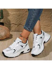 American Retro Contrast Color Running Shoes, Mesh Breathable, Thick Bottom Cushioning, Campus, Street, Daily Wear Template, Running Shoes To Grasp The Relaxation Feeling, 5cm High Casual Shoes - 黑白 - 查看 5