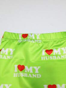 Quần short nữ màu xanh neon mùa hè in chữ và trái tim, cạp chun, dáng ôm, thoải mái, thích hợp đi nghỉ mát. - màu xanh lá - Xem 3