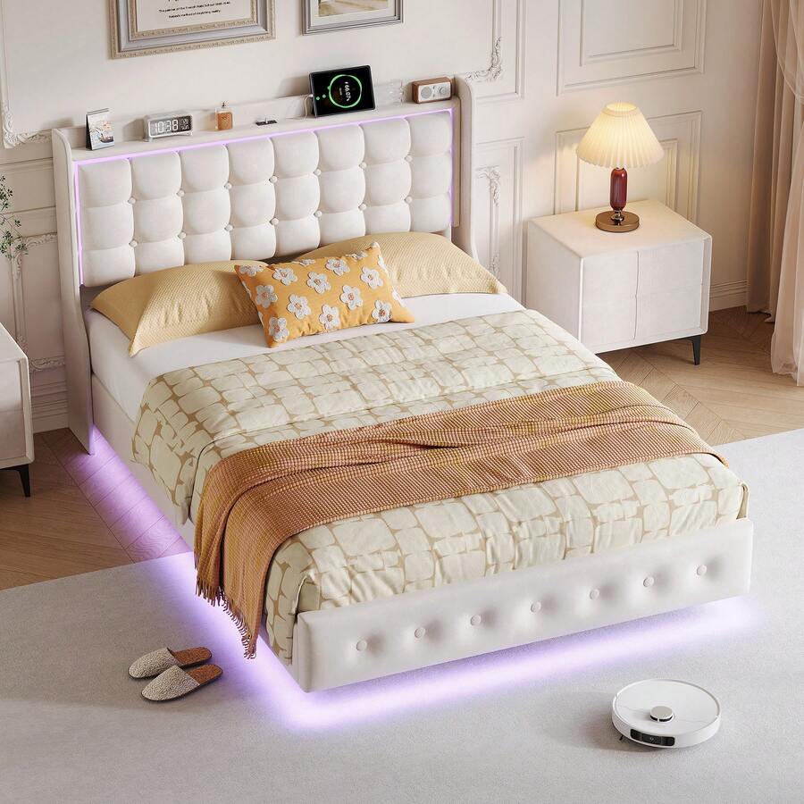Caluself 140/160 X 200 Cm Floating Bed, Double Bed, Hydraulic Bed, Upholstered Bed, Youth Bed Frame, Padded Bed, Bedroom Bed Frame, White/Grey Velour Fabric - 米色 - 查看 1