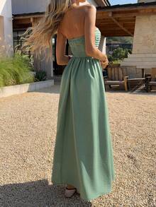 PoPoHouse Women's Elegant Maxi Dress Sexy Backless Strapless Ruched Bodice Flowy Maxi Dress Daily Casual Summer Beach Vacation Party Going Out Outfit Green Dress - Green - View 2