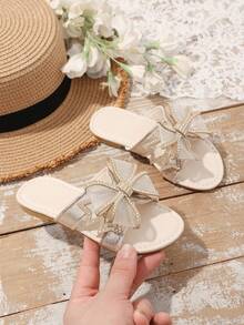 1 Pair Gold Toddler Girls' Flat Slippers, Shiny Transparent Mesh Rhinestone Clover Decor, Minimalist Round Toe Open Toe Soft Non-Slip Slip-On Design, Bohemian Fashion Cute Princess Beach Sandals, Suitable For Daily Casual, Vacation, Festivals, Parties, Spring/Summer 2026 - Gold - View 7