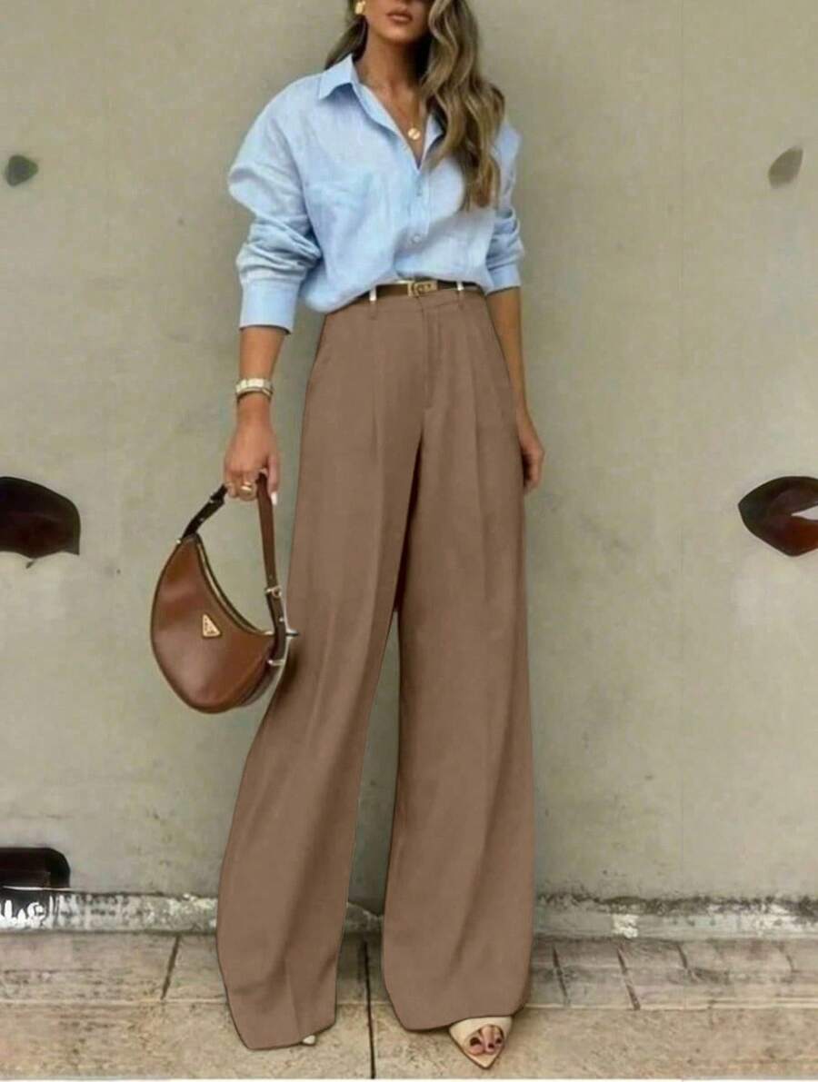 Straight-Leg, Wide-Legged Suit Trousers. Floor-Length. - Flint Stone - View 1