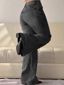 Womens Casual Long Denim Jeans With Flare Leg Washed Details And Pockets Slight Stretch - 灰色 - 查看 4