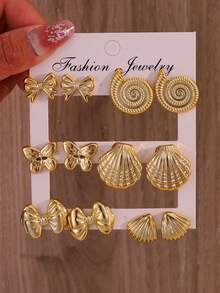 1-6 Pares de Brincos de Botão com Concha Dourada Estilo Férias na Praia, Conjunto de Brincos Delicados com Laço, Brincos Elegantes para Uso no Escritório Adequados para Uso Diário por Mulheres - Dourado - Visão 1