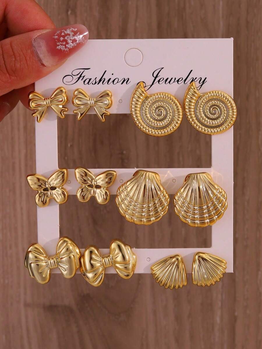 1-6 Pares de Brincos de Botão com Concha Dourada Estilo Férias na Praia, Conjunto de Brincos Delicados com Laço, Brincos Elegantes para Uso no Escritório Adequados para Uso Diário por Mulheres - Dourado - Visão 1