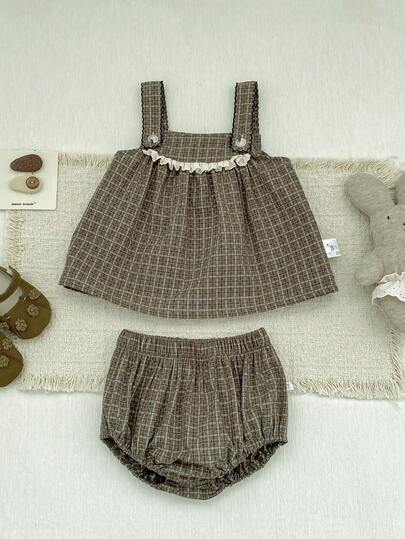 Summer New Baby Outfit, Plaid Print Camisole Top + Shorts Set, Comfortable Fabric, Casual Versatile 2 Pieces Set