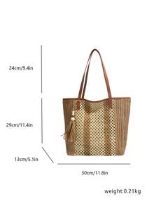 夏季草编沙滩包，大容量手提包，购物篮，手提包，度假风，简约百搭，多口袋女包，适合搭配连衣裙，购物，旅行，收纳，藤编包 - 卡其色 - 查看 9