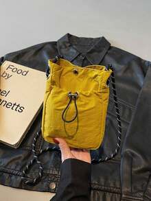 男士抽绳水桶斜挎包，尼龙迷你单肩包，编织肩带，休闲简约日常单肩包 - 彩色 - 查看 11