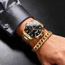 3 Pieces Set: Powerful Men's Watch, Multifunctional Quartz Watch, Necklace & Ring Set, Business/Party Gift Choice! - Gold - View 6
