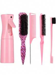 5-Piece Hair Styling Comb Set - Includes 200ml Spray Bottle, Leopard Print Hairbrush, Teasing Comb And Smoothing Comb, Unisex, Perfect For Creating Slicked Back Hairstyles. - Multicolor - View 6