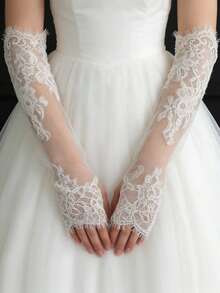 1 Paar elegante lange fingerlose Spitzenhandschuhe für Damen, geeignet für Hochzeit, Braut, Abendkleid Accessoires - Weiss - Übersicht 1