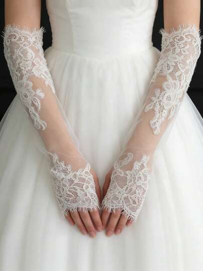 1 đôi găng tay ren dài không ngón thanh lịch dành cho nữ, thích hợp cho đám cưới, cô dâu, phụ kiện váy dạ hội.