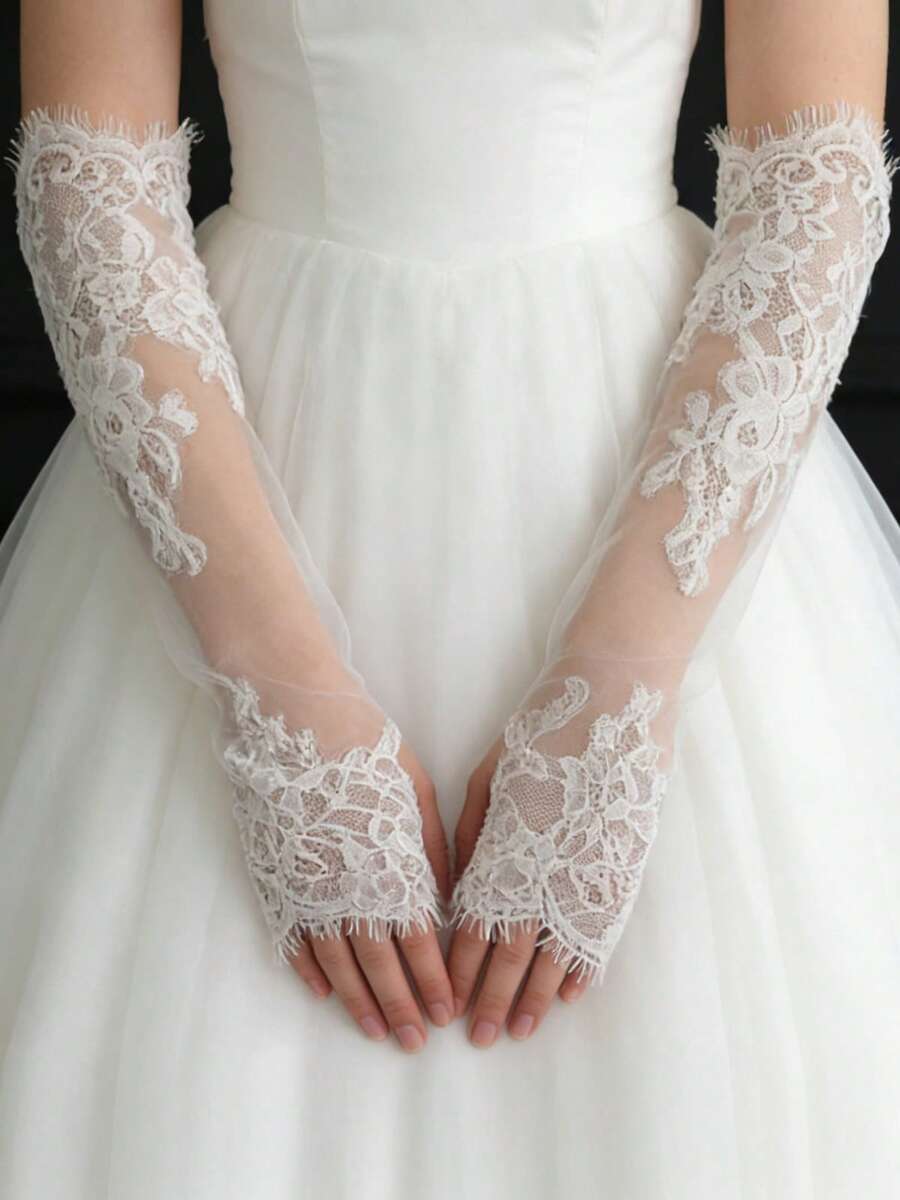 1 Paar elegante lange fingerlose Spitzenhandschuhe für Damen, geeignet für Hochzeit, Braut, Abendkleid Accessoires - Weiss - Übersicht 1