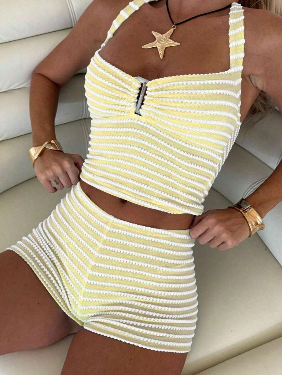 2pcs Knit Stripes Colorblock Resin Decor Hollow Neck Top & Shorts Beachwear Set Summer - Yellow - View 1