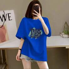 ¡Top de gran  2026!Camiseta de manga corta 100% algodón para mujer, nuevo estilo de verano 2026, corte holgado, estampada, de media manga, de alta gama, estilizadora, top de gran . - Azul marino [100% algodón] - Ver 2