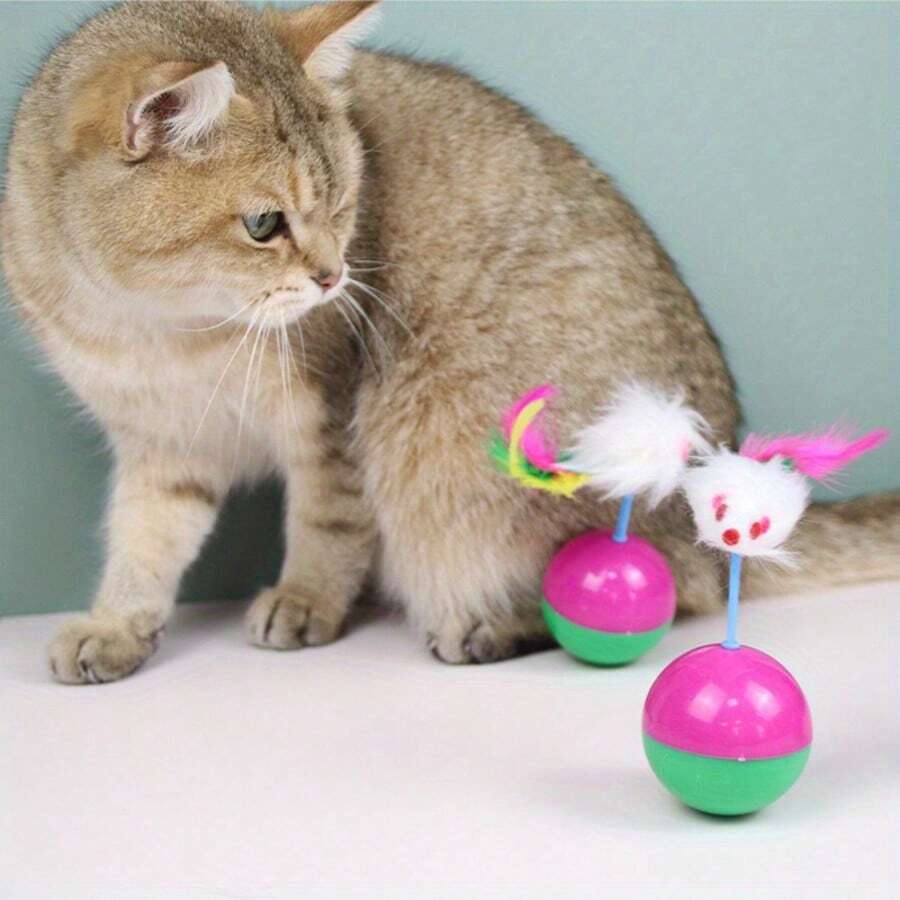 1pc Cat Toy With Rotating Mouse Hanging Toy, Stable Base And Rocking Rod | Suitable For Kitten Exercise And Play, Artificial Feather, No Battery Required