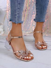 Teenage Girls' Butterfly Decor Transparent High Heel Square Toe Sandals - Gold - View 7