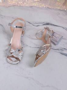 Teenage Girls' Butterfly Decor Transparent High Heel Square Toe Sandals - Silver - View 10