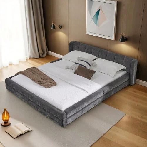 Double Bed 140*200cm, Chenille Fabric, Comfortable Backrest, Sturdy Eucalyptus And Iron Frame, Easy To Assemble, Dark Grey (Without Mattress) - Dark Grey - View 1