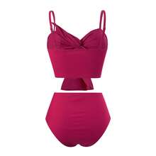 Mommy And Me Family Matching Swimsuits Summer Ruffle Tie Bowknot Sleeveless High Waist Bathing Suit For Womens And Kids Mom And Daughter Matching Wave Print Two Piece Bikini Sets Tankini - 玫紅色 - 查看 10