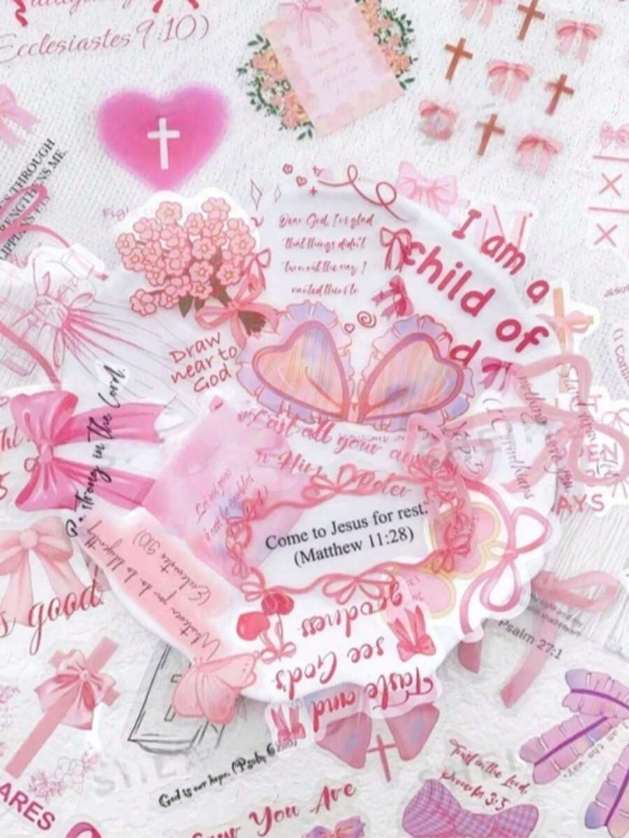 Pink Bow Stickers With Bible Verse Patterns, Made Of Transparent PET Material, Suitable For Water Bottles, Laptops, Bags, Computers, Scrapbooks, Diaries, Phones And Other Items - Multicolor - View 1