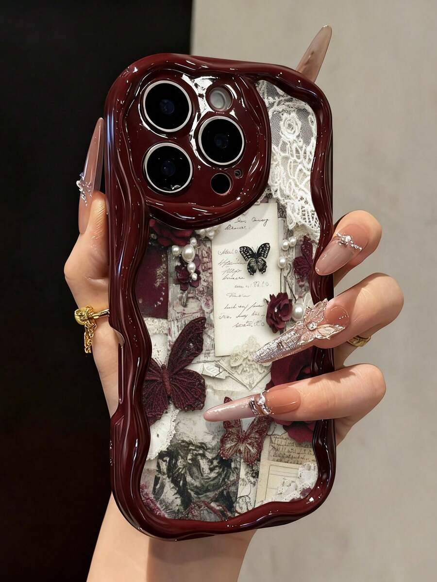 拼布花卉蝴蝶印花奶油色软壳，兼容 17/17 Pro Max、16/16 Pro/16 Pro Max、15、XR、7P/8P、P12 Pro Max、P13 Pro Max、P14 Pro Max、P13、P14、P11、P12、P14、XS/S/XS Max/7/8，可爱时尚加厚保护手机壳 - 彩色 - 查看 1