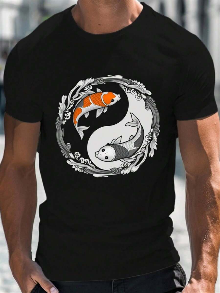 Camiseta negra para hombre con diseño de pez koi yin yang, perfecta para uso casual durante todo el año. Hecha de tela transpirable, esta camiseta vintage de corte ajustado es ideal para el uso diario, salidas de verano y actividades deportivas. - Negro - Ver 1