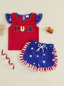 Toddler Baby Girl 4th Of July Outfits Letter Embroidery Fly Sleeves T Shirt Tops And Star-Stripe Ruffled Shorts Set Cute Memorial Day Outfit - 紅色 - 查看 6