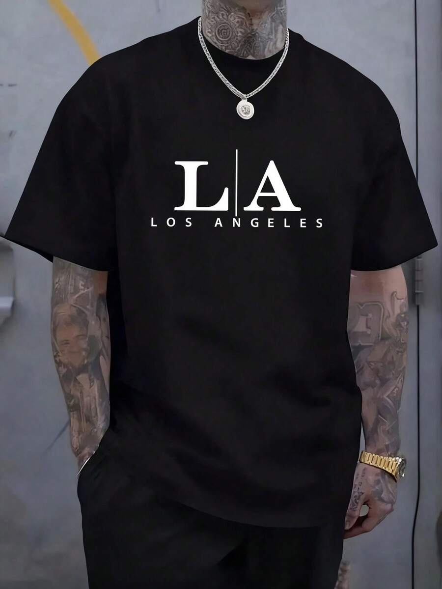 Camiseta Hombre Oversize Casual Estampado LA Los Angeles Streetwear Urbano Manga Corta Verano 2026 - Negro - Ver 1