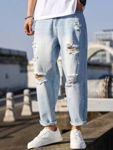 Roughcore Men's Loose Fit Distressed Washed Denim Jeans - Blue and White - View 6