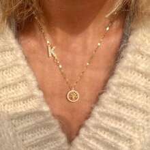 1pc Simple Round Tree Initial Pendant Golden Stainless Steel Lip Chain Necklaces For Women - Yellow Gold - View 1